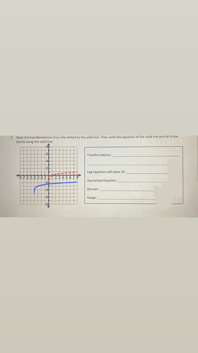 2. State the transformations from the dotted to the solid line. Then write the equation of the solid line and fill in tne
blanks using the solid line.
Transformations:
Log equation with base 10:
Asymptote Equation:
Domain:
Range:
