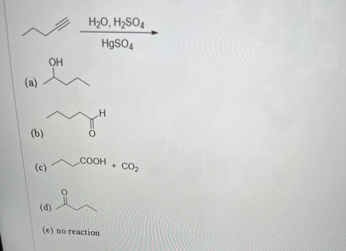 H2O, H2SO4
H9SO4
OH
(a)
(b)
СООН
(c)
CO2
(d)
(e)
no reaction
