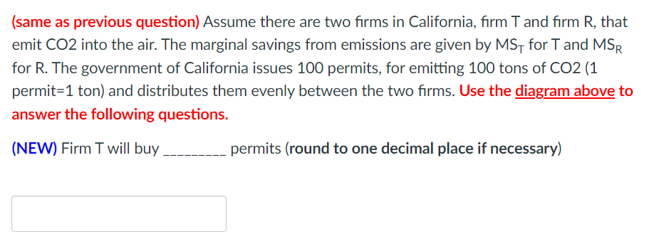 (same as previous question) Assume there are two firms in California, firm T and firm R, that
emit CO2 into the air. The marginal savings from emissions are given by MST for T and MSR
for R. The government of California issues 100 permits, for emitting 100 tons of CO2 (1
permit=1 ton) and distributes them evenly between the two firms. Use the diagram above to
answer the following questions.
(NEW) Firm T will buy
____ permits (round to one decimal place if necessary)