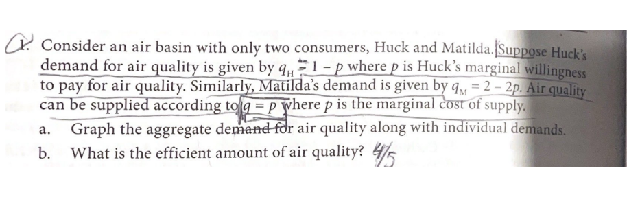 Consider an air basin with only two consumers, Huck and Matilda. Suppose Huck's
demand for air quality is given by 9,1 -p where p is Huck's marginal willingness
to pay for air quality. Similarly, Matilda's demand is given by 9M-2-2p. Air quality
can be supplied according to q = p where p is the marginal cost of supply.
a. Graph the aggregate demand for air quality along with individual demands.
b. What is the efficient amount of air quality? 4/5