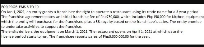 FOR PROBLEMS 6 TO 10
On Jan 1, 2021, an entity grants a franchisee the right to operate a restaurant using its trade name for a 3 year period.
The franchise agreement states an initial franchise fee of Php750,000, which includes Php150,000 for kitchen equipment
which the entity will purchase for the franchisee plus a 5% royalty based on the franchisee's sales. The entity promise
to undertake activities to support the franchise.
The entity delivers the equipment on March 1, 2021. The restaurant opens on April 1, 2021 at which date the
license period starts to run. The franchisee reports sales of Php5,000,000.00 for the year.
