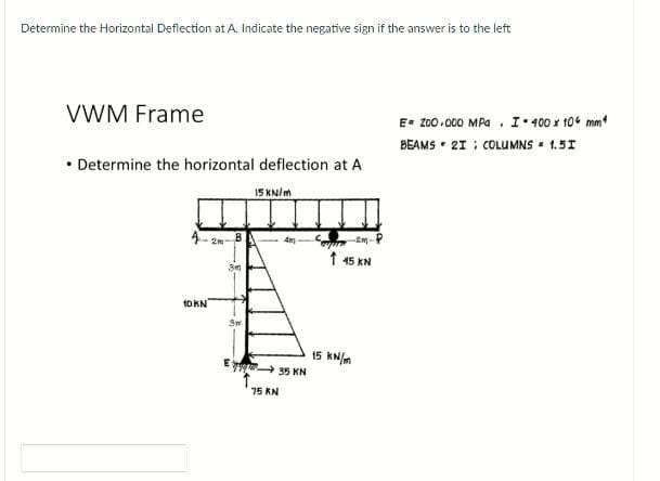 Determine the Horizontal Deflection at A. Indicate the negative sign if the answer is to the left
VWM Frame
E- 200.000 MPa , I- 400 x 10 mm*
BEAMS 21 ; COLUMNS 1.5I
• Determine the horizontal deflection at A
IS KN/m
2m
1 45 KN
10KN
15 KN/m
35 KN
75 KN
