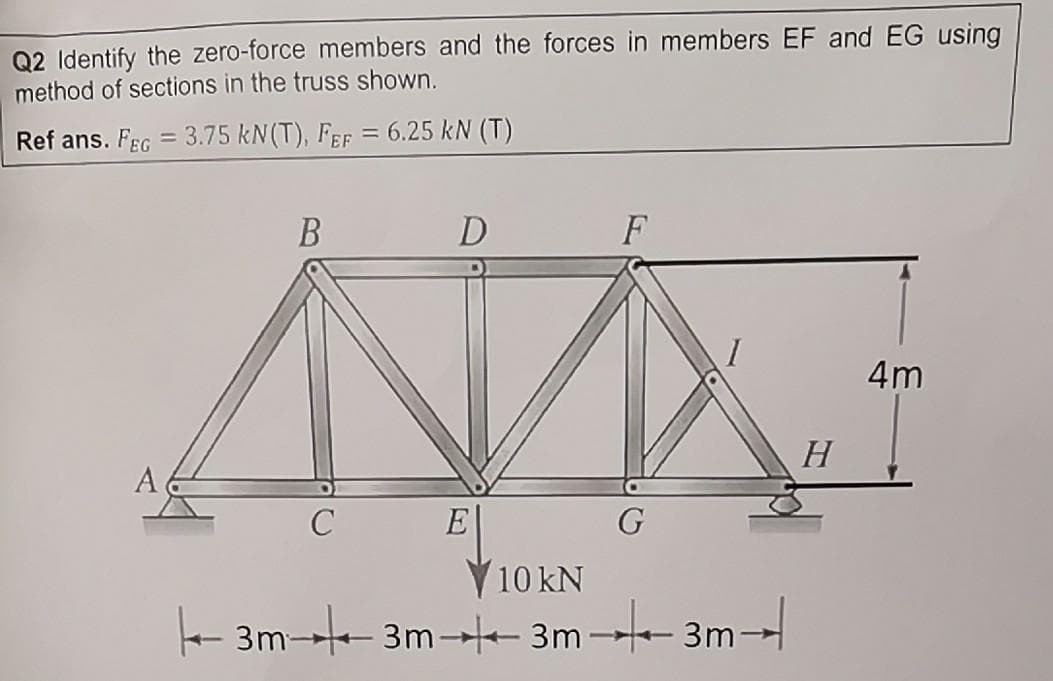 Q2 Identify the zero-force members and the forces in members EF and EG using
method of sections in the truss shown.
Ref ans. FEG = 3.75 kN(T), FEf = 6.25 kN (T)
В
F
4m
H
A
E
G
V10 kN
- 3m-- 3m-+- 3m - 3m-
