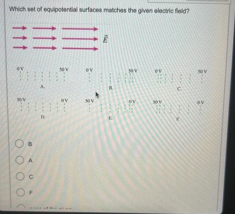 Which set of equipotential surfaces matches the given electric field?
OV
41
50 V
B
O A
O c
F
A.
A
D.
50 V
OV
ov
50 V
Ē
B.
E.
50 V
TE
ELFE
111
OV
T
OV
14
11
50 V
TUL
C.
E
50 V
OV