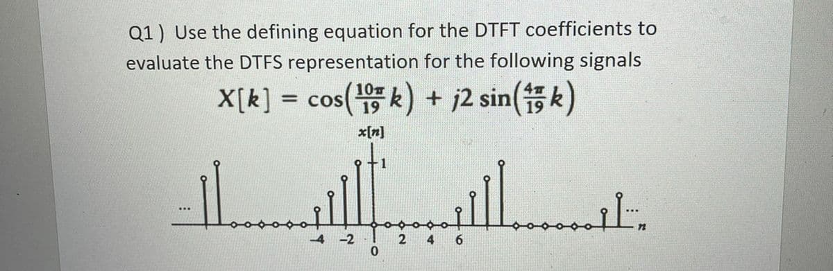 Q1) Use the defining equation for the DTFT coefficients to
evaluate the DTFS representation for the following signals
X[k] = cos(k) + j2 sin(k)
x[n]
.…...
-2
0
1
2
4
6
l
ooool™.