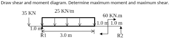 Draw shear and moment diagram. Determine maximum moment and maximum shear.
25 KN/m
35 KN
60 KN.m
,1.0 m 1.0 m
1.0 m
Ř1
3.0 m
R2
