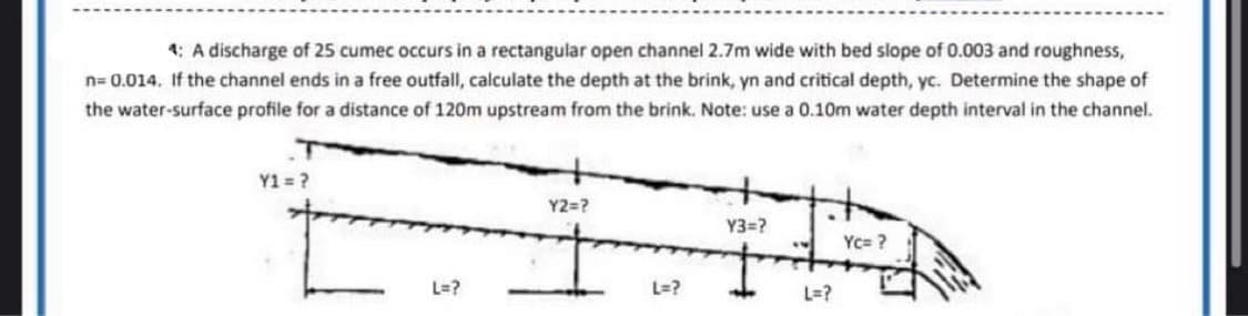 4: A discharge of 25 cumec occurs in a rectangular open channel 2.7m wide with bed slope of 0.003 and roughness,
n=0.014. If the channel ends in a free outfall, calculate the depth at the brink, yn and critical depth, yc. Determine the shape of
the water-surface profile for a distance of 120m upstream from the brink. Note: use a 0.10m water depth interval in the channel.
Y1 = ?
L=?
Y2=?
L=?
Y3=?
L=?
Yc= ?