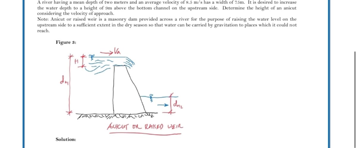 A river having a mean depth of two meters and an average velocity of 8.5 m/s has a width of 75m. It is desired to increase
the water depth to a height of 9m above the bottom channel on the upstream side. Determine the height of an anicut
considering the velocity of approach.
Note: Anicut or raised weir is a masonry dam provided across a river for the purpose of raising the water level on the
upstream side to a sufficient extent in the dry season so that water can be carried by gravitation to places which it could not
reach.
Figure 3:
dnil
dn₂
ANICUT ON RAISED WEIR
Solution: