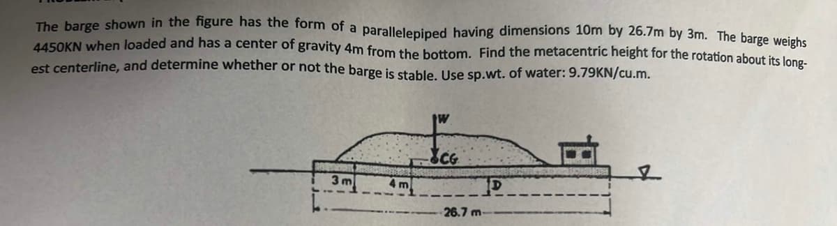 The barge shown in the figure has the form of a parallelepiped having dimensions 10m by 26.7m by 3m. The barge weighs
4450KN when loaded and has a center of gravity 4m from the bottom. Find the metacentric height for the rotation about its long-
est centerline, and determine whether or not the barge is stable. Use sp.wt. of water: 9.79KN/cu.m.
3m
4m
W
SCG
26.7 m