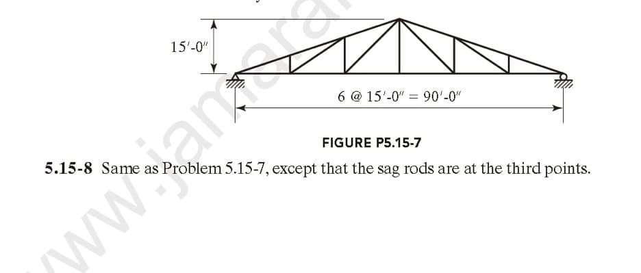 15'-0"
6 @ 15'-0" = 90'-0"
5.15-8 Same as Problem 5.15-7, except that the sag rods are at the third points.
FIGURE P5.15-7
ww.ana
