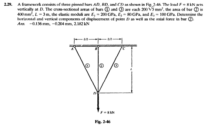 2.29. A framework consists of three pinned hars AD, BD, and CD as shown in Fig. 2-46. The load F = 8 kN acts
vertically at D. The cross-sectional areas of bars D①DC: CCACHE: ③ are each 200 V5 mm², the area of bar ②is
400 mm², L=3m, the elastic moduli are E₁ = 200 GPa, E₁ = 80 GPa, and E, 100 GPa. Determine the
horizontal and vertical components of displacement of point D as well as the axial force in bar ②.
Ans. -0.136 mm, -0.204 mm, 2.182 kN
B
Di
L/2
F=8kN
Fig. 2-46