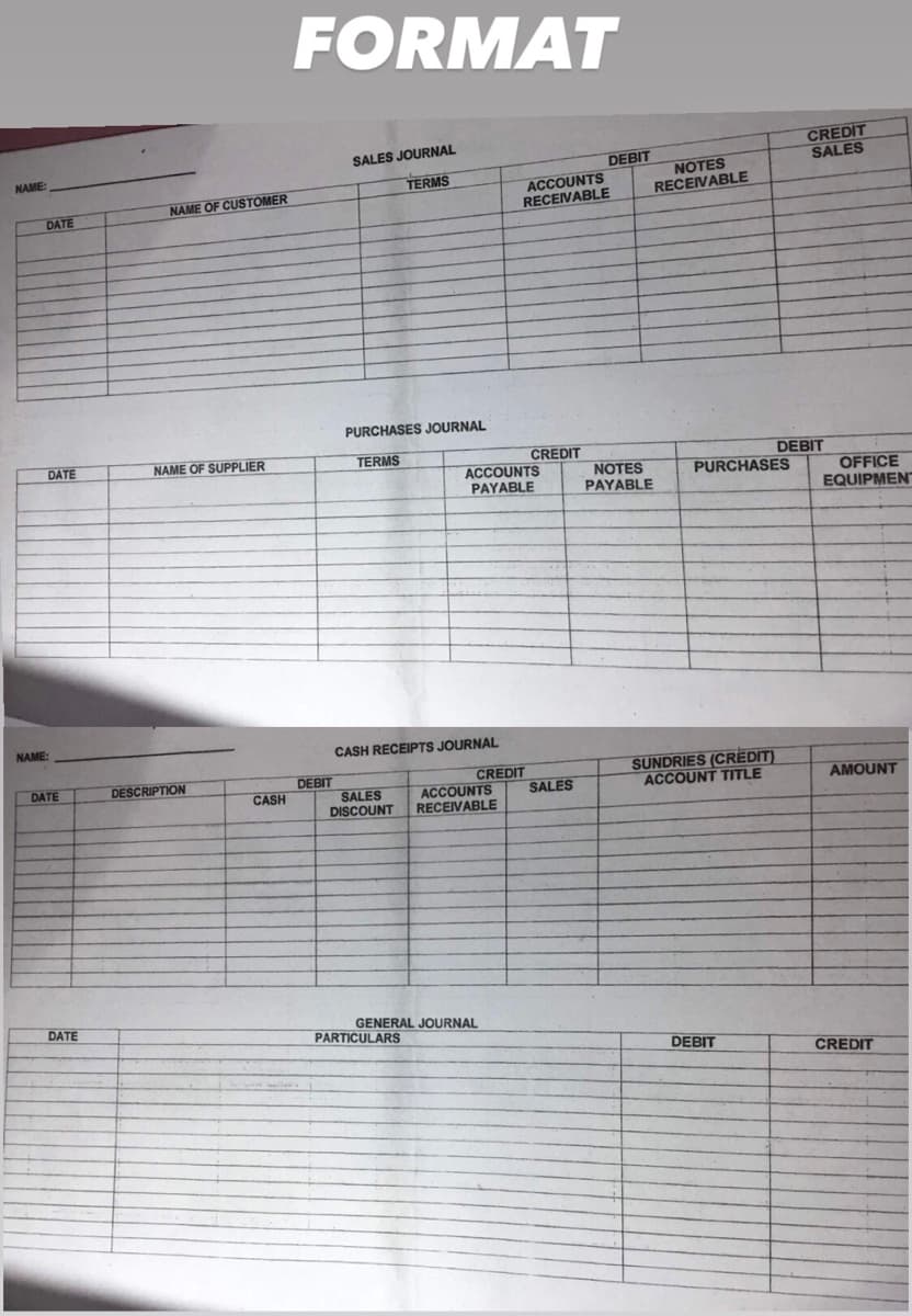 NAME:
DATE
NAME:
DATE
DATE
DATE
NAME OF CUSTOMER
NAME OF SUPPLIER
DESCRIPTION
CASH
FORMAT
DEBIT
SALES JOURNAL
TERMS
PURCHASES JOURNAL
TERMS
CASH RECEIPTS JOURNAL
ACCOUNTS
PAYABLE
SALES ACCOUNTS
DISCOUNT RECEIVABLE
PARTICULARS
CREDIT
GENERAL JOURNAL
ACCOUNTS
RECEIVABLE
CREDIT
DEBIT
SALES
NOTES
RECEIVABLE
NOTES
PAYABLE
PURCHASES
SUNDRIES (CREDIT)
ACCOUNT TITLE
DEBIT
CREDIT
SALES
DEBIT
OFFICE
EQUIPMEN
AMOUNT
CREDIT