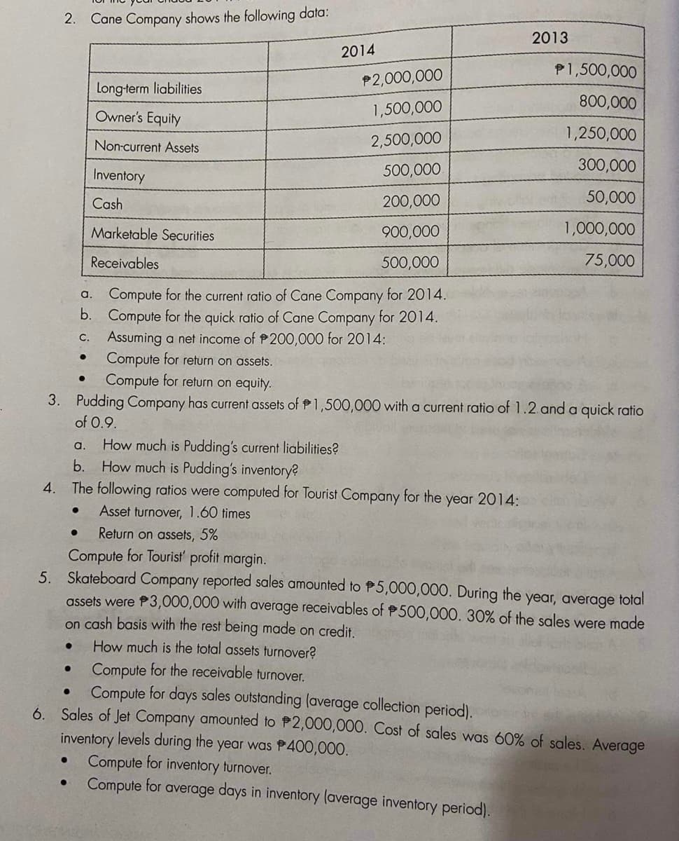 2.
●
Cane Company shows the following data:
●
Marketable Securities
Receivables
●
Long-term liabilities
Owner's Equity
Non-current Assets
Inventory
Cash
a.
b.
Compute for the current ratio of Cane Company for 2014.
Compute for the quick ratio of Cane Company for 2014.
Assuming a net income of 200,000 for 2014:
Compute for return on assets.
Compute for return on equity.
3. Pudding Company has current assets of 1,500,000 with a current ratio of 1.2 and a quick ratio
of 0.9.
●
c.
a. How much is Pudding's current liabilities?
b. How much is Pudding's inventory?
4. The following ratios were computed for Tourist Company for the year 2014:
● Asset turnover, 1.60 times
2014
$2,000,000
1,500,000
2,500,000
500,000
200,000
900,000
500,000
Return on assets, 5%
Compute for Tourist' profit margin.
5. Skateboard Company reported sales amounted to $5,000,000. During the year, average total
assets were $3,000,000 with average receivables of $500,000. 30% of the sales were made
on cash basis with the rest being made on credit.
How much is the total assets turnover?
2013
Compute for the receivable turnover.
●
Compute for days sales outstanding (average collection period).
6. Sales of Jet Company amounted to $2,000,000. Cost of sales was 60% of sales. Average
inventory levels during the year was 400,000.
1,500,000
800,000
1,250,000
300,000
50,000
1,000,000
75,000
Compute for inventory turnover.
Compute for average days in inventory (average inventory period).