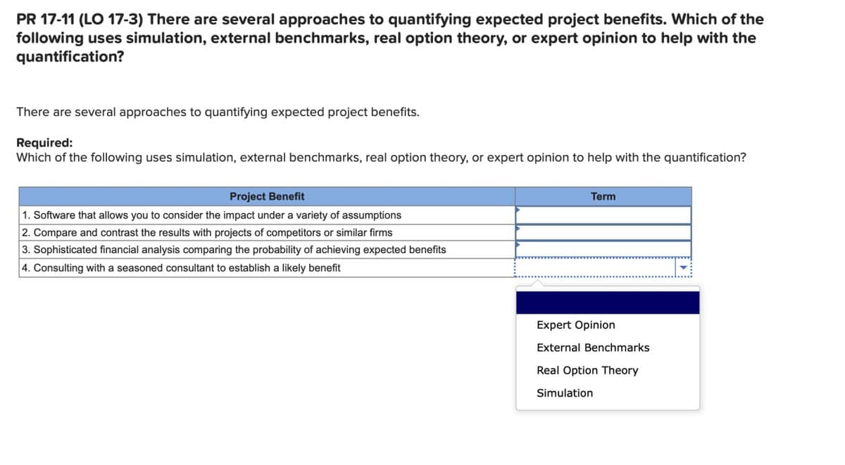 PR 17-11 (LO 17-3) There are several approaches to quantifying expected project benefits. Which of the
following uses simulation, external benchmarks, real option theory, or expert opinion to help with the
quantification?
There are several approaches to quantifying expected project benefits.
Required:
Which of the following uses simulation, external benchmarks, real option theory, or expert opinion to help with the quantification?
Project Benefit
1. Software that allows you to consider the impact under a variety of assumptions
2. Compare and contrast the results with projects of competitors or similar firms
3. Sophisticated financial analysis comparing the probability of achieving expected benefits
4. Consulting with a seasoned consultant to establish a likely benefit
Term
wwwwwwwwwwwwww
Expert Opinion
External Benchmarks
Real Option Theory
Simulation