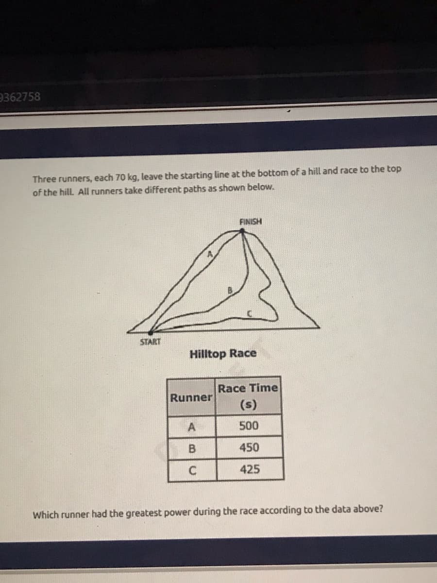 9362758
Three runners, each 70 kg, leave the starting line at the bottom of a hill and race to the top
of the hill. All runners take different paths as shown below.
FINISH
START
Hilltop Race
Race Time
(s)
Runner
500
450
425
Which runner had the greatest power during the race according to the data above?
