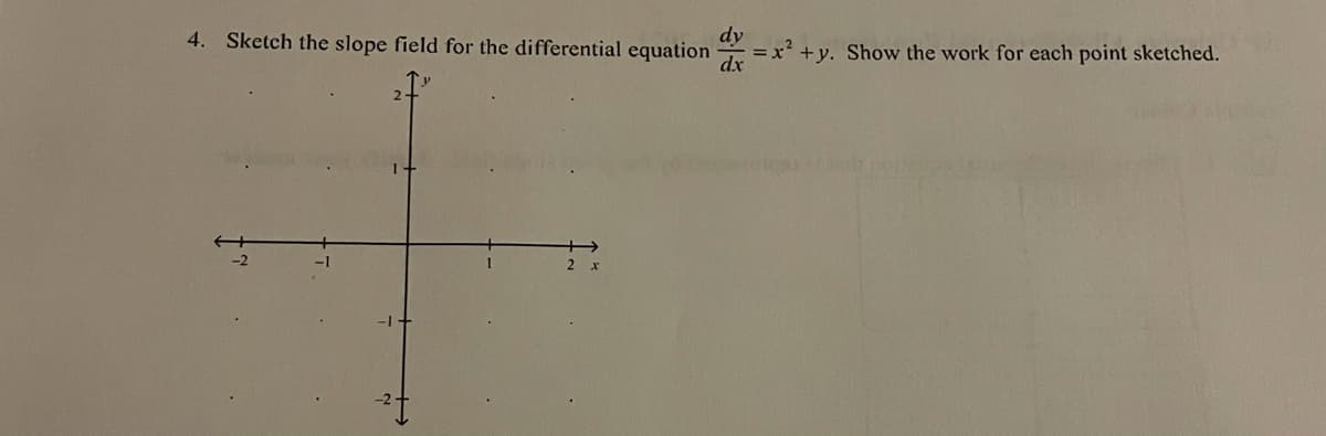 dy
4. Sketch the slope field for the differential equation
= x?
dx
+y. Show the work for each point sketched.
