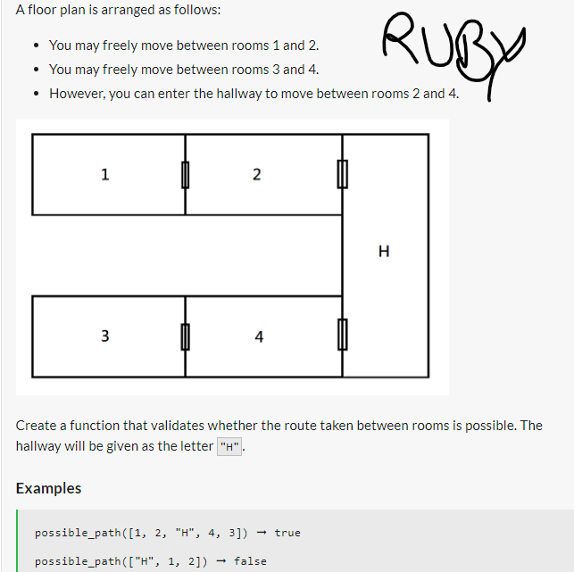 A floor plan is arranged as follows:
• You may freely move between rooms 1 and 2.
• You may freely move between rooms 3 and 4.
However, you can enter the hallway to move between rooms 2 and 4.
1
3
2
4
possible_path([1, 2, "H", 4, 3])
possible_path(["H", 1, 2]) false
RUBY
Create a function that validates whether the route taken between rooms is possible. The
hallway will be given as the letter "H".
Examples
true
H
