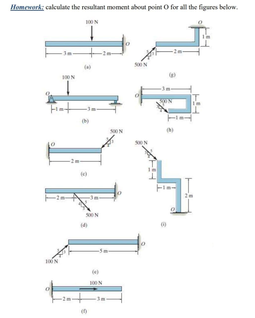 Homework: calculate the resultant moment about point O for all the figures below.
100 N
m
2 m-
3 m
2 m
500 N
(a)
(g)
100 N
3 m-
500N
1 m
Fint
m-
3 m
(b)
500 N
(h)
500 N
2 m-
1 m
(c)
-1 m-
2 m
2 m
-3 m
500 N
(d)
5m
100 N
(e)
100 N
2 m
3 m
(f)
