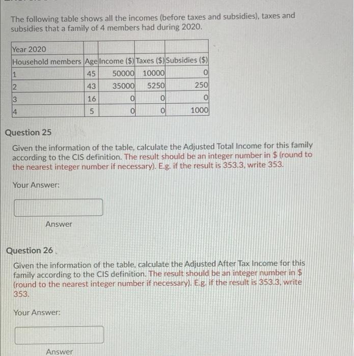 The following table shows all the incomes (before taxes and subsidies), taxes and
subsidies that a family of 4 members had during 2020.
Year 2020
Household members Age Income ($) Taxes ($) Subsidies ($)
1
50000 10000
5250
45
43
35000
250
3
16
1000
Question 25
Given the information of the table, calculate the Adjusted Total Income for this family
according to the CIS definition. The result should be an integer number in $ (round to
the nearest integer number if necessary). E.g. if the result is 353.3, write 353.
Your Answer:
Answer
Question 26,
Given the information of the table, calculate the Adjusted After Tax Income for this
family according to the CIS definition. The result should be an integer number in $
(round to the nearest integer number if necessary). E.g. if the result is 353.3, write
353.
Your Answer:
Answer
