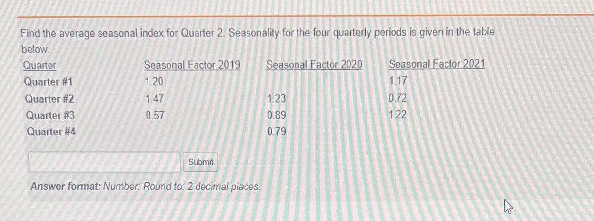 Find the average seasonal index for Quarter 2. Seasonality for the four quarterly periods is given in the table
below.
Quarter
Seasonal Factor 2019
Seasonal Factor 2020
Seasonal Factor 2021
Quarter #1
1.20
1.17
Quarter #2
1.47
1.23
0.72
Quarter #3
0.57
0.89
1.22
Quarter #4
0.79
Submit
Answer format: Number. Round to: 2 decimal places.
