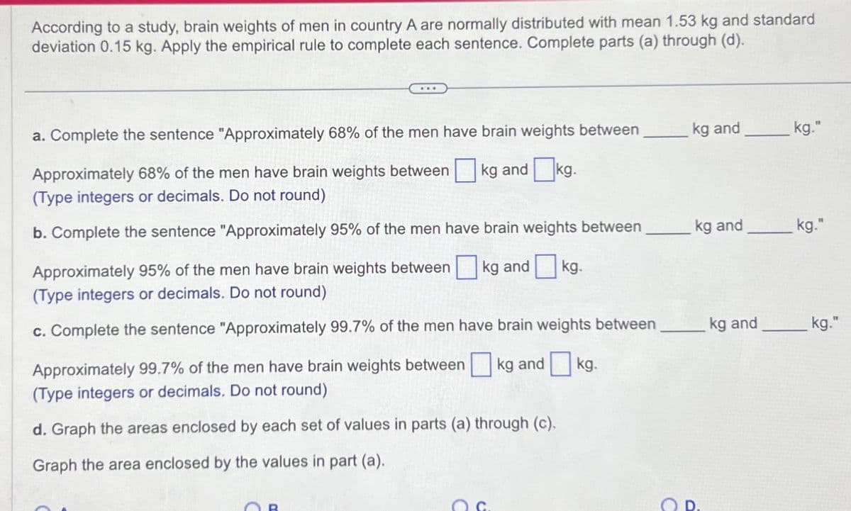 According to a study, brain weights of men in country A are normally distributed with mean 1.53 kg and standard
deviation 0.15 kg. Apply the empirical rule to complete each sentence. Complete parts (a) through (d).
a. Complete the sentence "Approximately 68% of the men have brain weights between
Approximately 68% of the men have brain weights between kg and kg.
(Type integers or decimals. Do not round)
b. Complete the sentence "Approximately 95% of the men have brain weights between
Approximately 95% of the men have brain weights between
(Type integers or decimals. Do not round)
kg and kg.
c. Complete the sentence "Approximately 99.7% of the men have brain weights between
Approximately 99.7% of the men have brain weights between kg and
(Type integers or decimals. Do not round)
d. Graph the areas enclosed by each set of values in parts (a) through (c).
Graph the area enclosed by the values in part (a).
kg.
kg and
kg and
с
a
kg and
kg."
kg."
kg."