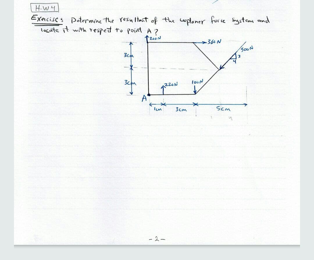 H.W 4
Exacises
* Petermine the resultant of the coplaner furie System and
locate it with respet to point A ?
200N
-366 N
ScON
3cm
loUN
3cm
Scm
in
-2-
