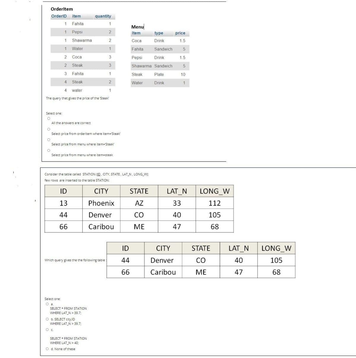 Orderltem
OrderlD
item
quantity
1
Fahita
1
Menu
1
Pepsi
Item
type
price
1
Shawarma
Соса
Drink
1.5
1
Water
Fahita
Sandwich
2 Coca
3
Pepsi
Drink
1.5
2
Steak
3
Shawarma Sandwich
3
Fahita
Steak
Plate
10
Steak
2
Water
Drink
1
water
1
The query that gives the price of the Steak'
Select one:
All the answers are correct
Select price from orderitem where item='Steak
Select price from menu where item='Steak
Select price from menu where item=steak
Consider the table called STATION (ID, CITY, STATE, LAT_N, LONG W);
few rows are inserted to the table STATION:
ID
CITY
STATE
LAT_N
LONG W
13
Phoenix
AZ
33
112
44
Denver
CO
40
105
66
Caribou
МЕ
47
68
ID
CITY
STATE
LAT_N
LONG_W
Which query gives the the following table :
44
Denver
CO
40
105
66
Caribou
ME
47
68
Select one:
O a
SELECT * FROM STATION
WHERE LAT_N > 39.7;
O b. SELECT city,ID
WHERE LAT_N > 39.7;
SELECT * FROM STATION
WHERE LAT_N > 40;
O d. None of these
