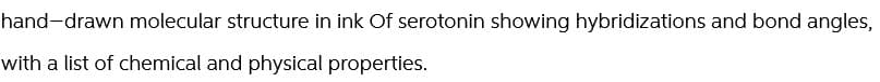 hand-drawn molecular structure in ink Of serotonin showing hybridizations and bond angles,
with a list of chemical and physical properties.
