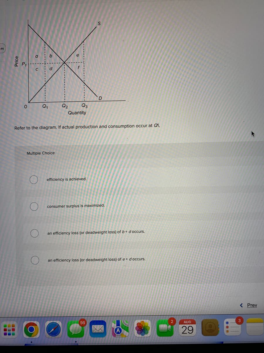 :11
Price
P₁
0
OU
O
‒‒‒‒‒‒‒‒‒
O
O
Q₁
Multiple Choice
20
Q3
Quantity
Refer to the diagram. If actual production and consumption occur at Q1,
Q₂
efficiency is achieved.
S
D
consumer surplus is maximized.
an efficiency loss (or deadweight loss) of b+ d occurs.
56
an efficiency loss (or deadweight loss) of e+ d occurs.
2
AUG
29
< Prev