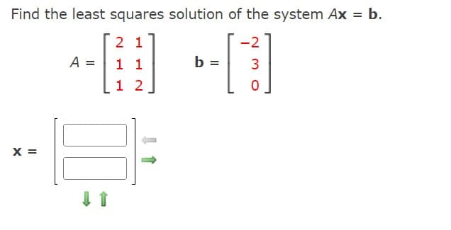 Find the least squares solution of the system Ax = b.
21
-2
+0 -0
H
A =
1 1
b = 3
1 2
X =