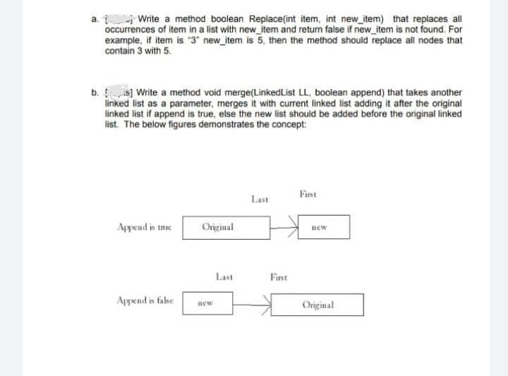 a. Write a method boolean Replace(int item, int new_item) that replaces all
occurrences of item in a list with new_item and return false if new_item is not found. For
example, if item is "3" new_item is 5, then the method should replace all nodes that
contain 3 with 5.
b. [is] Write a method void merge(Linked List LL, boolean append) that takes another
linked list as a parameter, merges it with current linked list adding it after the original
linked list if append is true, else the new list should be added before the original linked
list. The below figures demonstrates the concept:
Append is me
Append is false
Original
new
Last
First
First
new
Original