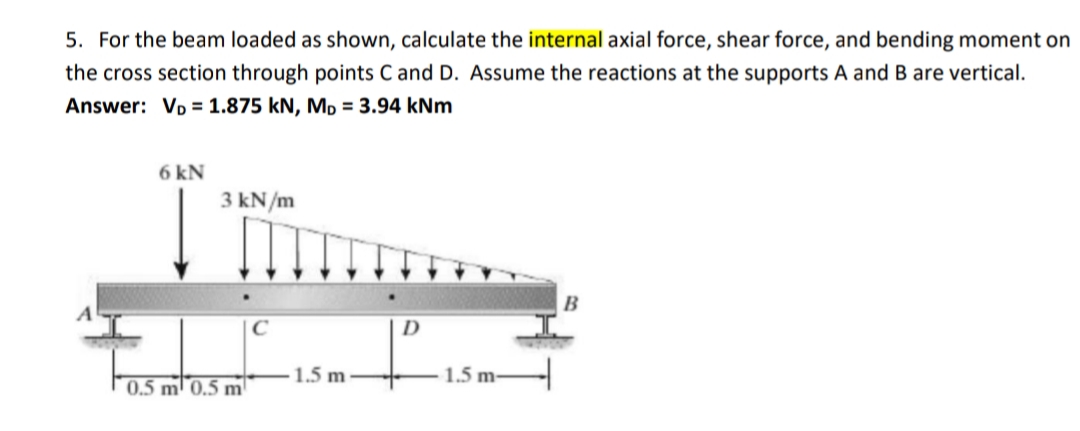 5. For the beam loaded as shown, calculate the internal axial force, shear force, and bending moment on
the cross section through points C and D. Assume the reactions at the supports A and B are vertical.
Answer: Vp = 1.875 kN, Mp = 3.94 kNm
6 kN
3 kN/m
1.5 m
1.5 m-
0.5 m 0.5 m
