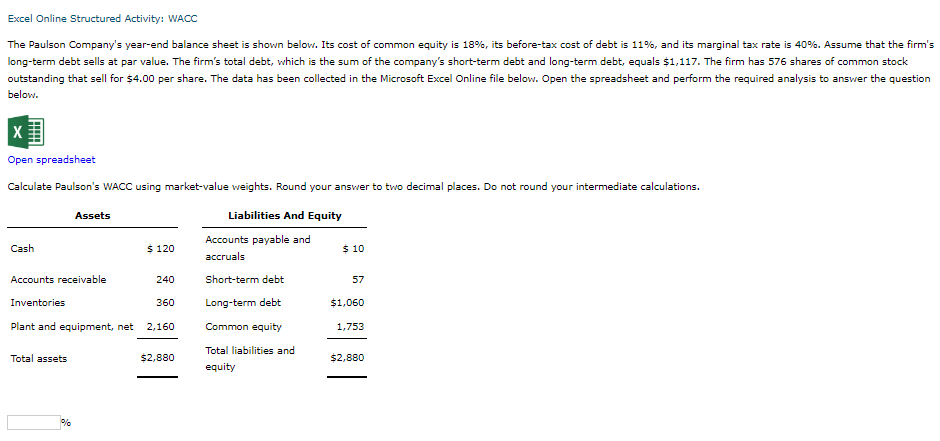 Excel
Online Structured Activity: WACC
The Paulson Company's year-end balance sheet is shown below. Its cost of common equity is 18%, its before-tax cost of debt is 11%, and its marginal tax rate is 40%. Assume that the firm's
long-term debt sells at par value. The firm's total debt, which is the sum of the company's short-term debt and long-term debt, equals $1,117. The firm has 576 shares of common stock
outstanding that sell for $4.00 per share. The data has been collected in the Microsoft Excel Online file below. Open the spreadsheet and perform the required analysis to answer the question
below.
Open spreadsheet
Calculate Paulson's WACC using market-value weights. Round your answer to two decimal places. Do not round your intermediate calculations.
Liabilities And Equity
Cash
Total assets
Assets
Accounts receivable
Inventories
Plant and equipment, net 2,160
%
$ 120
240
360
$2,880
Accounts payable and
accruals
Short-term debt
Long-term debt
Common equity
Total liabilities and
equity
$ 10
57
$1,060
1,753
$2,880