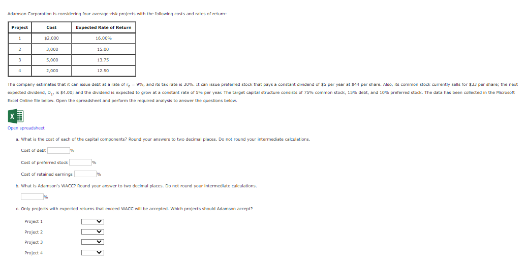 Adamson Corporation is considering four average-risk projects with the following costs and rates of return:
Project
1
2
3
4
$2.000
Open spreadsheet
Cost
Cost of debt
3,000
5,000
2.000
Project 1
Project 2
Project 3
Project 4
Expected Rate of Return
16.00%
The company estimates that it can issue debt at a rate of r = 9%, and its tax rate is 30%. It can issue preferred stock that pays a constant dividend of $5 per year at $44 per share. Also, common stock currently sells for $33 per share; the next
expected dividend, D₂, is $4.00; and the dividend is expected to grow at a constant rate of 5% per year. The target capital structure consists of 75% common stock, 15% debt, and 10% preferred stock. The data has been collected in the Microsoft
Excel Online e below. Open the spreadsheet and perform the required analysis to answer the questions below.
%
15.00
a. What is the cost of each of the capital components? Round your answers to two decimal places. Do not round your intermediate calculations.
13.75
12.50
Cost of preferred stock
Cost of retained earnings
b. What is Adamson's WACC? Round your answer to two decimal places. Do not round your intermediate calculations.
%
c. Only projects with expected returns that exceed WACC will be accepted. Which projects should Adamson accept?
0000