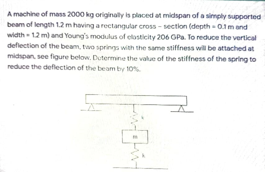 A machine of mass 2000 kg originally is placed at midspan of a simply supported
beam of length 1.2 m having a rectangular cross - section (depth = 0.1 m and
width = 1.2 m) and Young's modulus of elasticity 206 GPa. To reduce the vertical
deflection of the beam, two springs with the same stiffness will be attached at
midspan, see figure below. Determine the value of the stiffness of the spring to
reduce the deflection of the beam by 10%.
- e
