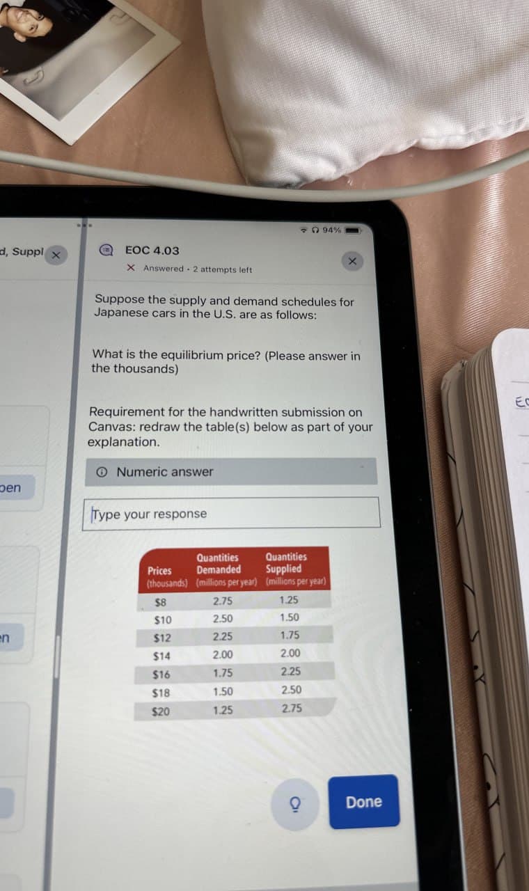 d, Suppl x
en
-94%
EOC 4.03
X Answered 2 attempts left
X
Suppose the supply and demand schedules for
Japanese cars in the U.S. are as follows:
What is the equilibrium price? (Please answer in
the thousands)
Requirement for the handwritten submission on
Canvas: redraw the table(s) below as part of your
explanation.
Numeric answer
Type your response
Prices
Quantities
Demanded
Quantities
Supplied
(thousands) (millions per year)
(millions per year)
$8
2.75
1.25
$10
2.50
1.50
en
$12
2.25
1.75
$14
2.00
2.00
$16
1.75
2.25
$18
1.50
2.50
$20
1.25
2.75
a
Done
E