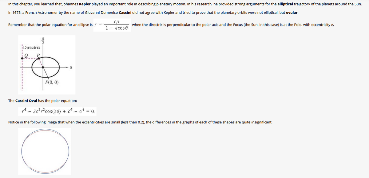 In this chapter, you learned that Johannes Kepler played an important role in describing planetary motion. In his research, he provided strong arguments for the elliptical trajectory of the planets around the Sun.
In 1675, a French Astronomer by the name of Giovanni Domenico Cassini did not agree with Kepler and tried to prove that the planetary orbits were not elliptical, but ovular.
ер
Remember that the polar equation for an ellipse is r =
when the directrix is perpendicular to the polar axis and the Focus (the Sun, in this case) is at the Pole, with eccentricity e.
1 - ecose
Directrix
F(0, 0)
The Cassini Oval has the polar equation:
4 - 2c?r?cos(20) + c* - a4 = 0.
Notice in the following image that when the eccentricities are small (less than 0.2), the differences in the graphs of each of these shapes are quite insignificant.
