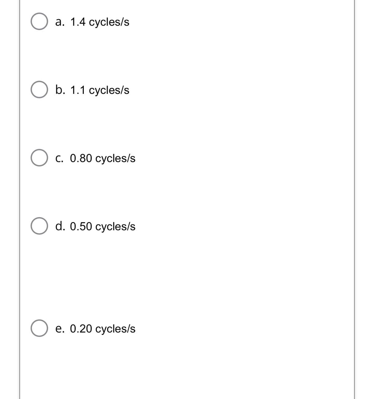 а. 1.4 суcles/s
b. 1.1 суcles/s
с. 0.80 суcles/s
d. 0.50 суcles/s
е. 0.20 суcles/s
