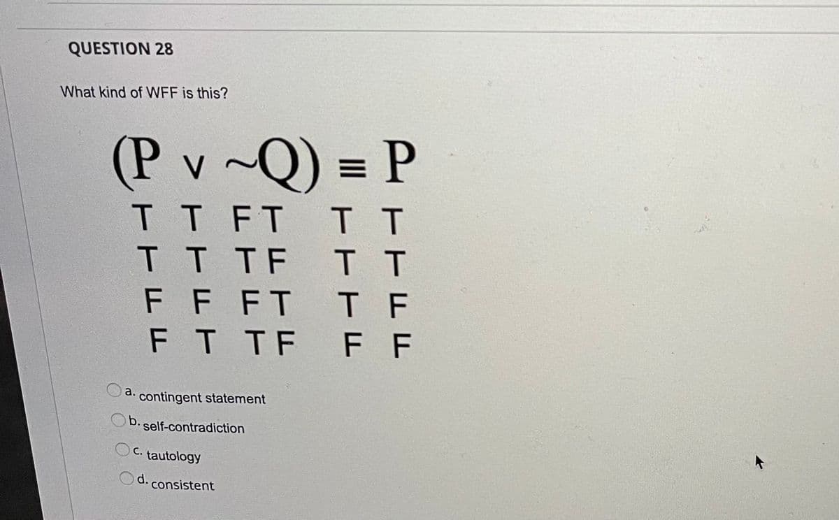 QUESTION 28
What kind of WFF is this?
(P v~Q) = P
TT FI II
TT TF TT
V
FF FT IF
FT TE F F
a.
contingent statement
b. self-contradiction
O C.
tautology
Od. consistent
