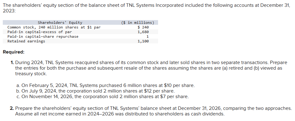 The shareholders' equity section of the balance sheet of TNL Systems Incorporated included the following accounts at December 31,
2023:
Shareholders' Equity
Common stock, 240 million shares at $1 par
Paid-in capital-excess of par
Paid-in capital-share repurchase
Retained earnings
($ in millions)
$ 240
1,680
1
1,100
Required:
1. During 2024, TNL Systems reacquired shares of its common stock and later sold shares in two separate transactions. Prepare
the entries for both the purchase and subsequent resale of the shares assuming the shares are (a) retired and (b) viewed as
treasury stock.
a. On February 5, 2024, TNL Systems purchased 6 million shares at $10 per share.
b. On July 9, 2024, the corporation sold 2 million shares at $12 per share.
c. On November 14, 2026, the corporation sold 2 million shares at $7 per share.
2. Prepare the shareholders' equity section of TNL Systems' balance sheet at December 31, 2026, comparing the two approaches.
Assume all net income earned in 2024-2026 was distributed to shareholders as cash dividends.