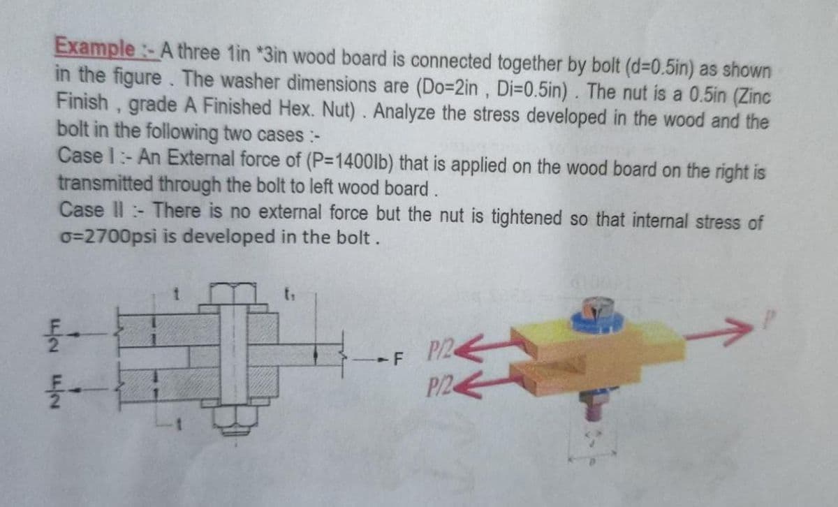 Example:- A three 1in *3in wood board is connected together by bolt (d=0.5in) as shown
in the figure. The washer dimensions are (Do-2in, Di-0.5in). The nut is a 0.5in (Zinc
Finish, grade A Finished Hex. Nut). Analyze the stress developed in the wood and the
bolt in the following two cases :-
Case I:-An External force of (P=1400lb) that is applied on the wood board on the right is
transmitted through the bolt to left wood board.
-
Case II: There is no external force but the nut is tightened so that internal stress of
o=2700psi is developed in the bolt.
돌 -
P/2
-F
P/2
NT NT