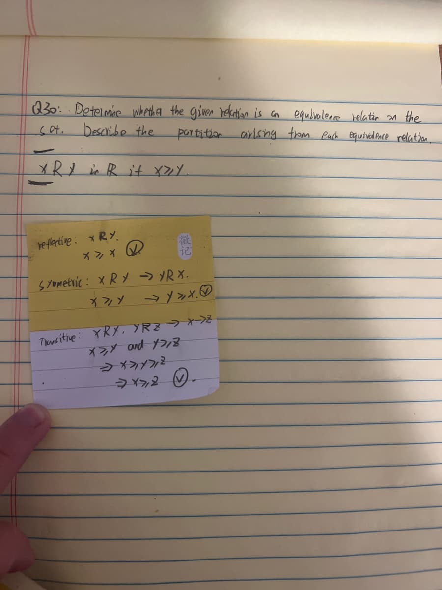 Q30: Detelmie wheth a the given Yekation is cn equéralene belatin 2n the
Describe the
partition arising tom Pad equivdence relation.
re flative: xRY.
インィの
微
记
SYOmetric : xRY YR X.
→y>xの
Tewsitie: YRy, ソRマー→ オー
イラ Ond yフヌ
→ の
