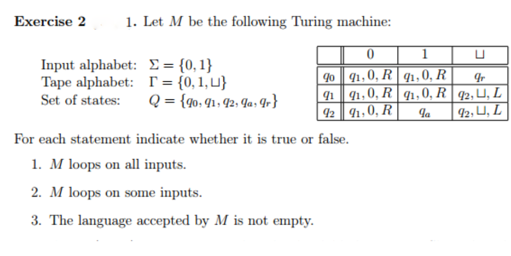 Exercise 2
1. Let M be the following Turing machine:
1
Input alphabet: E = {0,1}
Tape alphabet: T= {0,1,U}
Set of states:
91,0, R | q1,0, R
91,0, R | q1,0, R | q2, U, L
42 41,0, R
%3D
Q = {qo, 91, 42, Ta, qr}
la
92, U, L
For each statement indicate whether it is true or false.
1. M loops on all inputs.
2. M loops on some inputs.
3. The language accepted by M is not empty.
