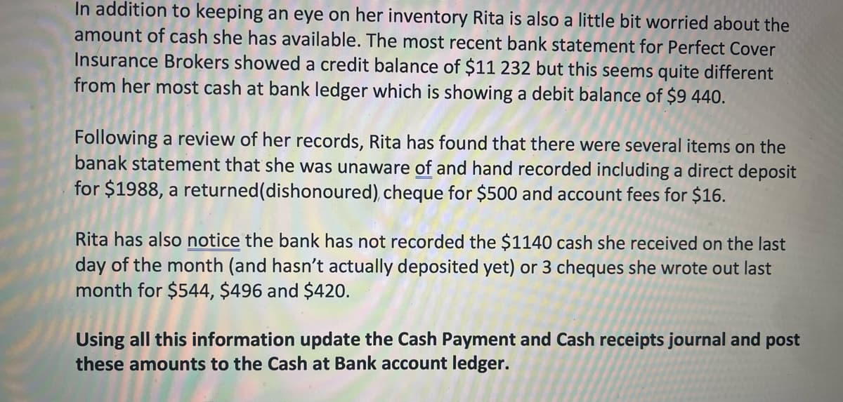 In addition to keeping an eye on her inventory Rita is also a little bit worried about the
amount of cash she has available. The most recent bank statement for Perfect Cover
Insurance Brokers showed a credit balance of $11 232 but this seems quite different
from her most cash at bank ledger which is showing a debit balance of $9 440.
Following a review of her records, Rita has found that there were several items on the
banak statement that she was unaware of and hand recorded including a direct deposit
for $1988, a returned(dishonoured), cheque for $500 and account fees for $16.
Rita has also notice the bank has not recorded the $1140 cash she received on the last
day of the month (and hasn't actually deposited yet) or 3 cheques she wrote out last
month for $544, $496 and $420.
Using all this information update the Cash Payment and Cash receipts journal and post
these amounts to the Cash at Bank account ledger.
