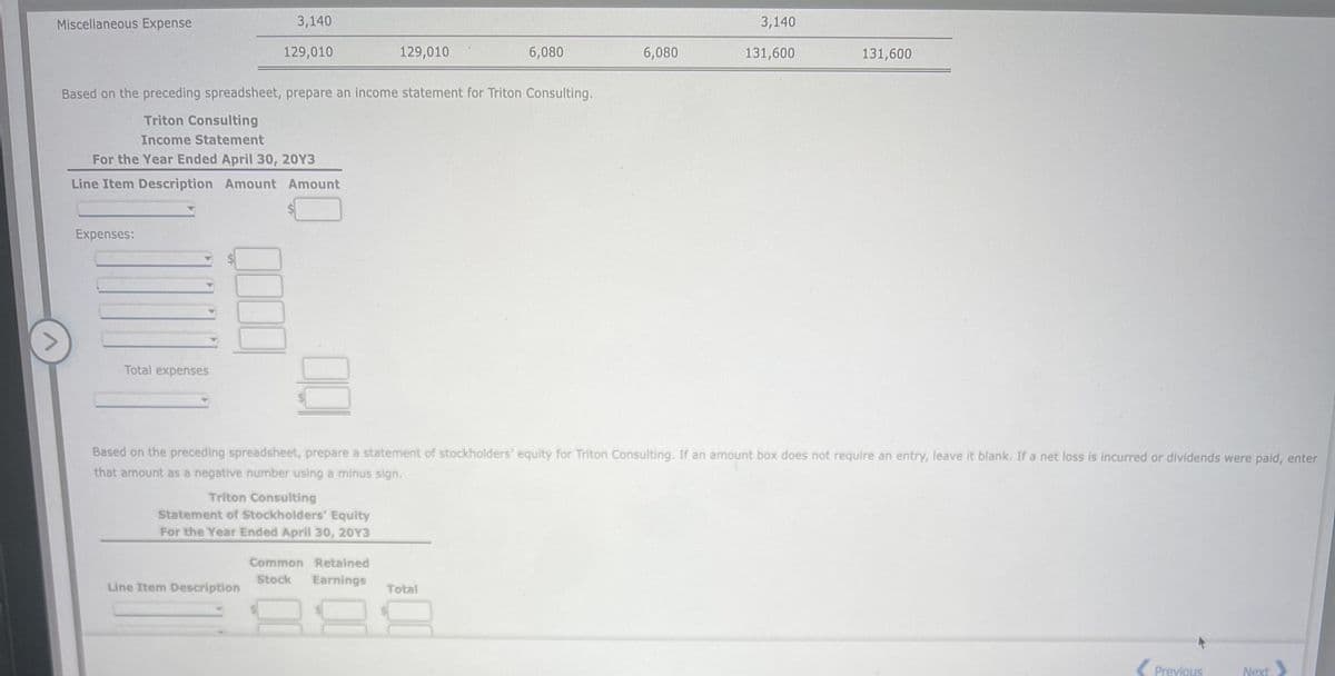 Miscellaneous Expense
Expenses:
Total expenses
3,140
129,010
Based on the preceding spreadsheet, prepare an income statement for Triton Consulting.
Triton Consulting
Income Statement
For the Year Ended April 30, 20Y3
Line Item Description Amount Amount
Line Item Description
Triton Consulting
Statement of Stockholders' Equity
For the Year Ended April 30, 2013
129,010
Common Retained
Stock Earnings
6,080
Total
6,080
Based on the preceding spreadsheet, prepare a statement of stockholders' equity for Triton Consulting. If an amount box does not require an entry, leave it blank. If a net loss is incurred or dividends were paid, enter
that amount as a negative number using a minus sign.
3,140
131,600
131,600
Previous
Next