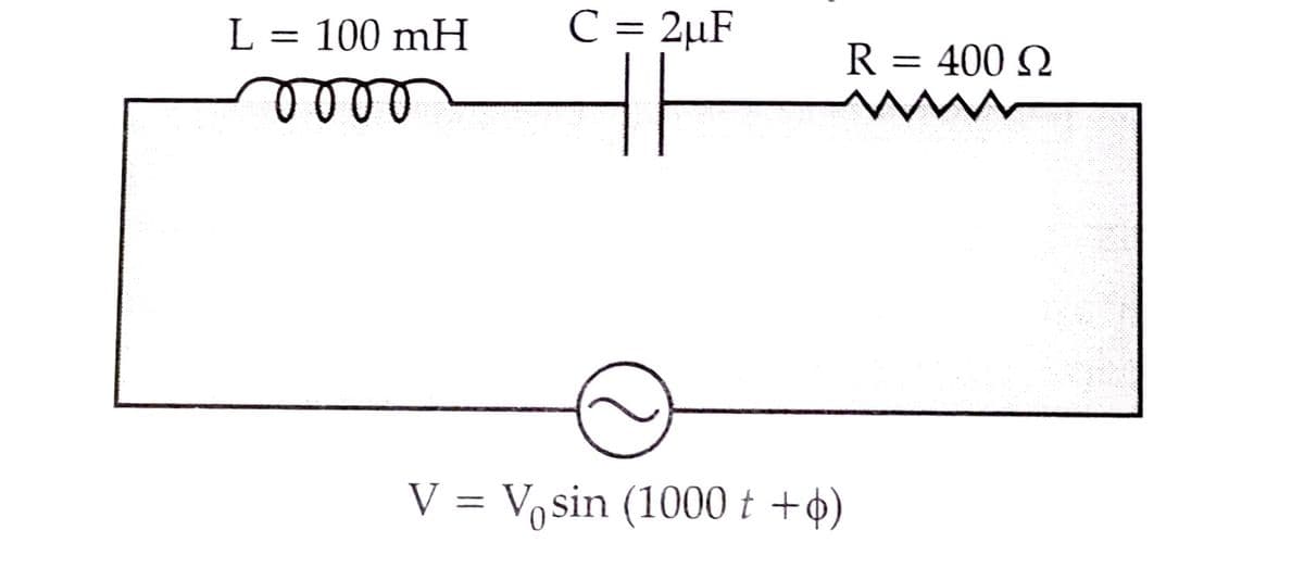 L = 100 mH
C = 2uF
ㅏ
V = Vosin (1000t +)
R = 400 2