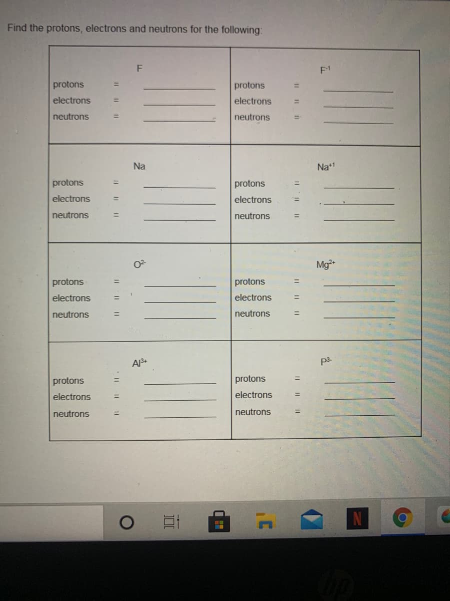 Find the protons, electrons and neutrons for the following:
F
protons
protons
%3D
electrons
electrons
%3D
neutrons
neutrons
%3D
Na
Na*1
protons
protons
electrons
electrons
neutrons
neutrons
Mg+
protons
protons
electrons
electrons
%3D
neutrons
neutrons
%3D
A3+
p3.
protons
protons
electrons
electrons
neutrons
neutrons
I || 11
|| || |
