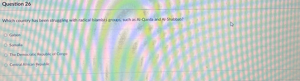 Question 26
Which country has been struggling with radical Islamists groups, such as Al-Qaeda and Al-Shabbab?
O Gabon
O Somalia
O The Democratic Republic of Congo
O Central African Republic
