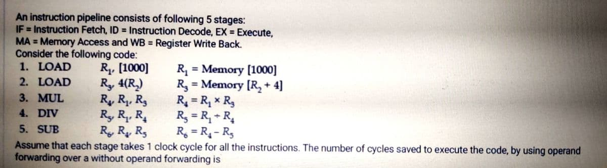 An instruction pipeline consists of following 5 stages:
IF = Instruction Fetch, ID = Instruction Decode, EX = Execute,
MA = Memory Access and WB = Register Write Back.
%3D
Consider the following code:
1. LOAD
R. [1000]
Ry 4(R,)
Ry R. R3
Ry Rq. R.
Rg Ry R3
Rq = Memory [1000]
R3 = Memory [R,+ 4]
R = R, x R3
R3 = R, + R4
R, = R4 – R3
2. LOAD
%3D
3. MUL
%3D
4. DIV
%3D
5. SUB
Assume that each stage takes 1 clock cycle for all the instructions. The number of cycles saved to execute the code, by using operand
forwarding over a without operand forwarding is
