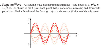 . Standing Wave A standing wave has maximum amplitude 7 and nodes at 0, 7/2, ,
37/2, 27, as shown in the figure. Each point that is not a node moves up and down with
period 47. Find a function of the form y(x, t) = A sin aæx cos ßt that models this wave.
